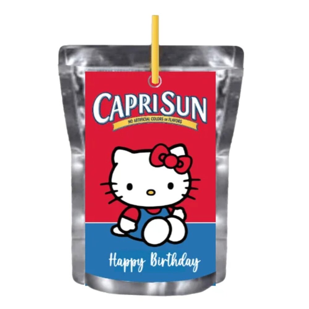 Happy Birthday Edition Juice Pouche labels, Red kitty Design, Set of 12